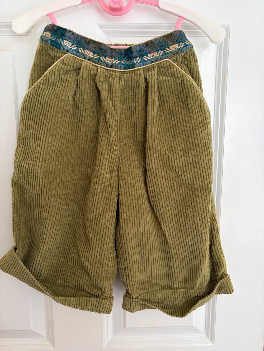 Olive Corduroy Kids' Shorts with Patterned Waistband